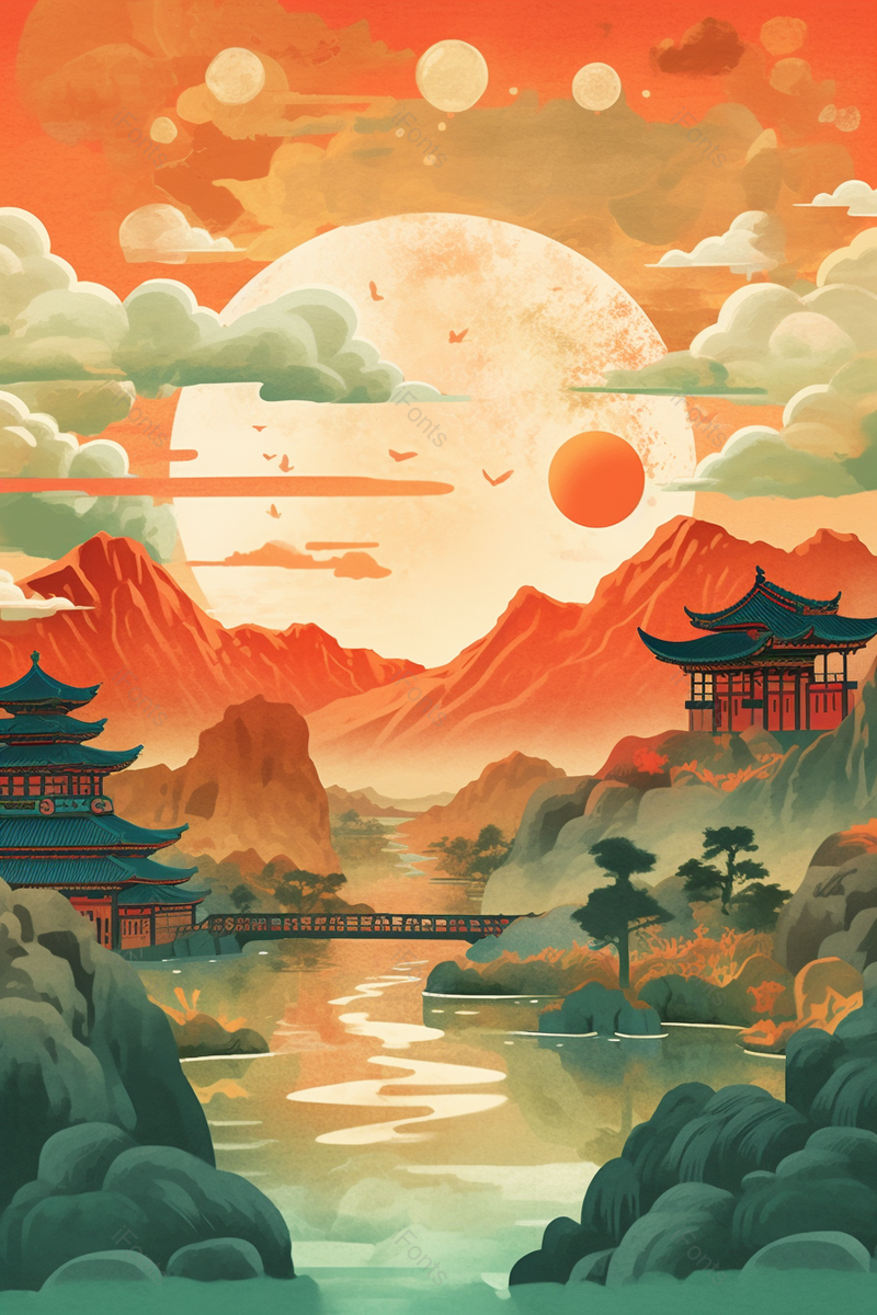 祥云月亮古建筑山峰,插画/手绘图,插画/手绘图库,插画/手绘图下载,插画/手绘